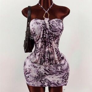 Strapless Y2K Purple Animal-Print Halter Mini Dress